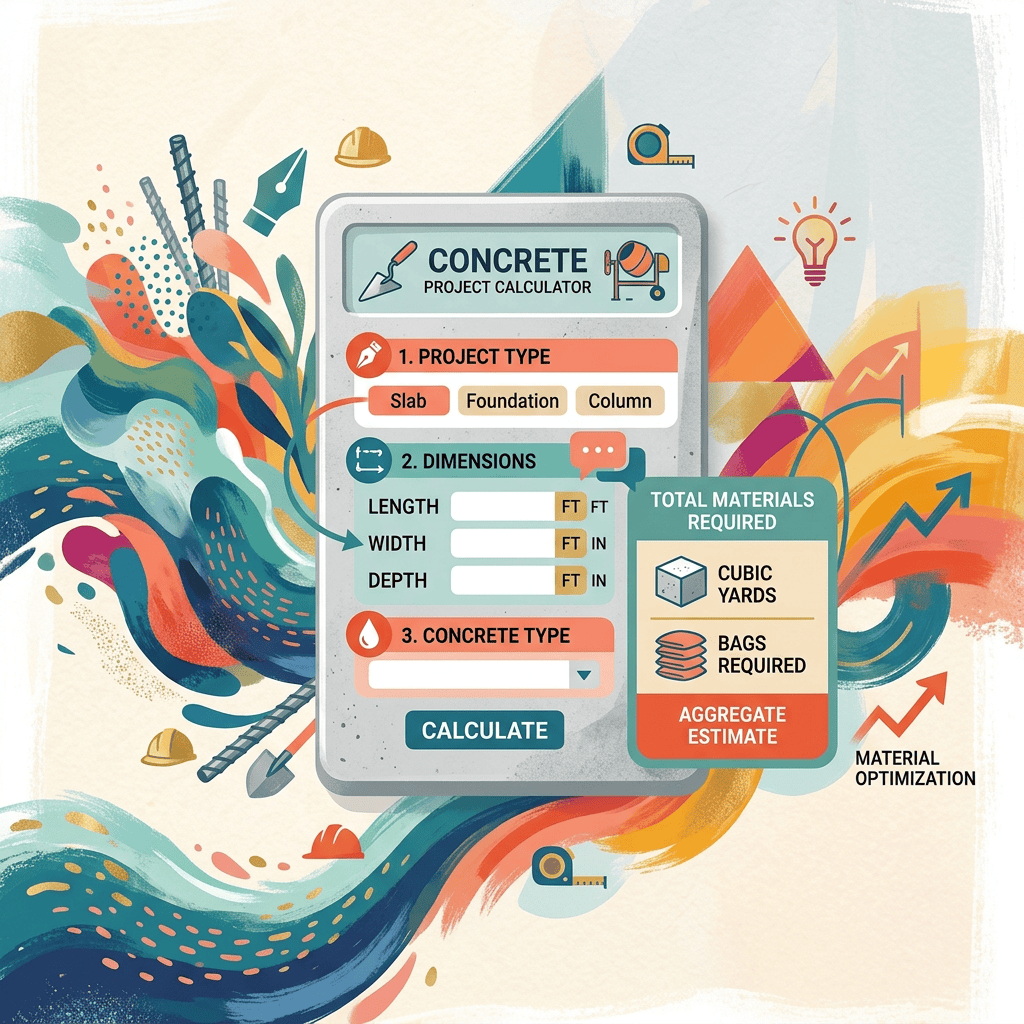 Concrete project calculator with project type, dimensions, and material estimate